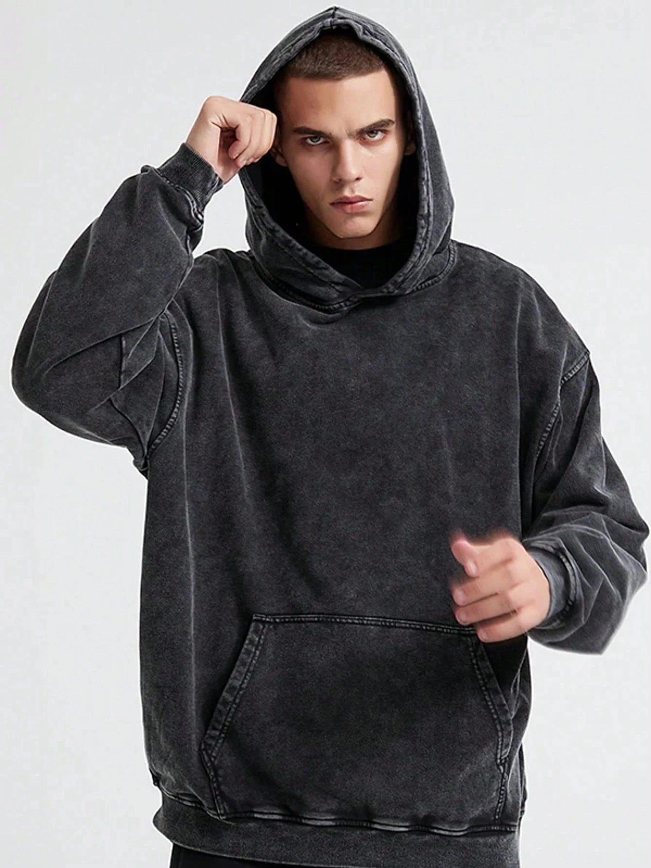 Men's 100% Cotton Washed Distressed Textured Hoodie, Loose Fit, Fashionable Basic Casual Street Style Pullover Top