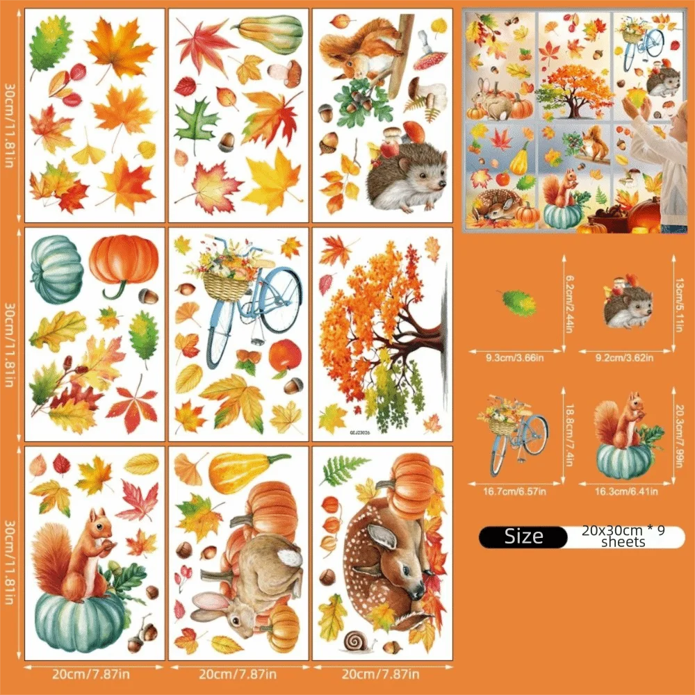 Double-Sided Fall Window Clings Reusable Waterproof Static Cling Decorations Pumpkin Scarecrow Design No-Adhesive Static Cling