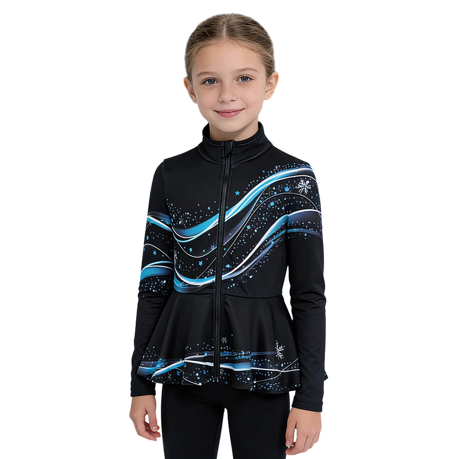 Kids Girls Figure Skating Jacket Stand Collar Long Sleeve Zipper Print Peplum Top Sweatshirt for Sport Gymnastics Dance Training