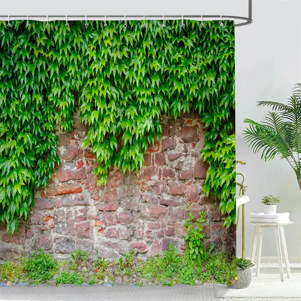 Vine Green Leaves Shower Curtain Vintage Wall Ivy Leaf Garden Plant Bath Curtains Set Polyester Fabric Bathroom Decor with Hooks