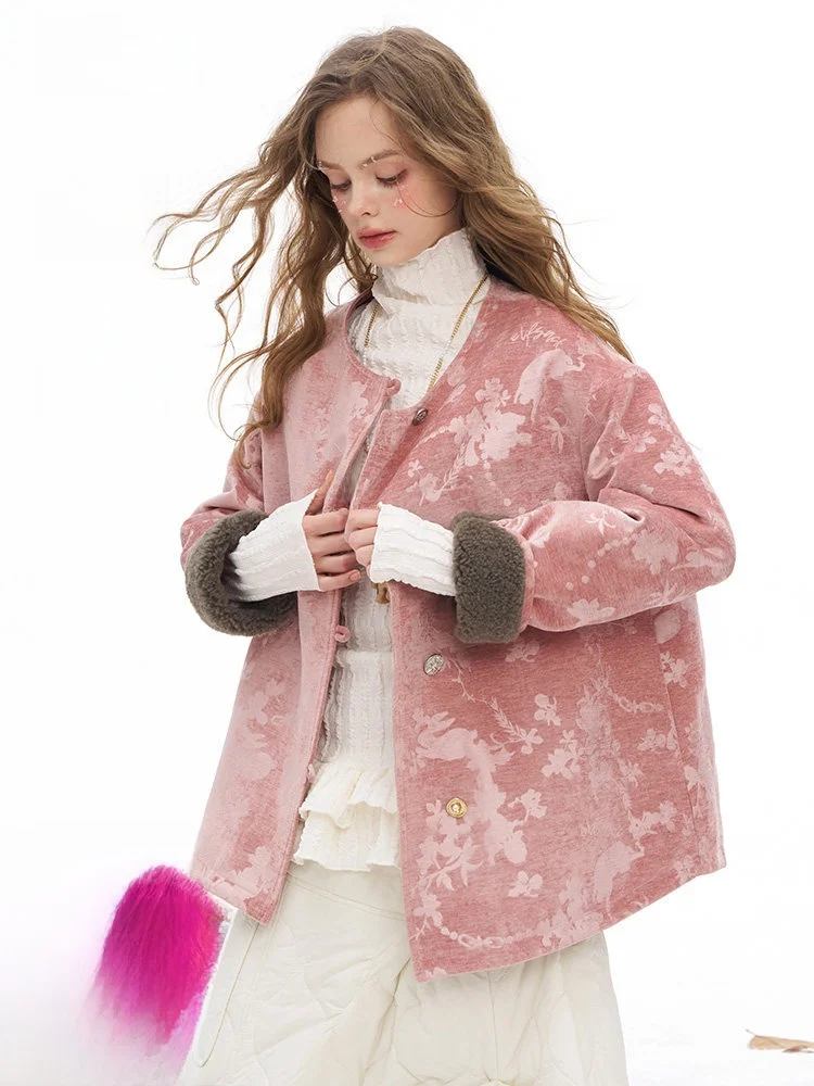 

Princ Sle Lamb Fur Trimmed Pink Cotton Jaet New Chinese Sle Loose Women's Coat Polyester Filling Medium Length