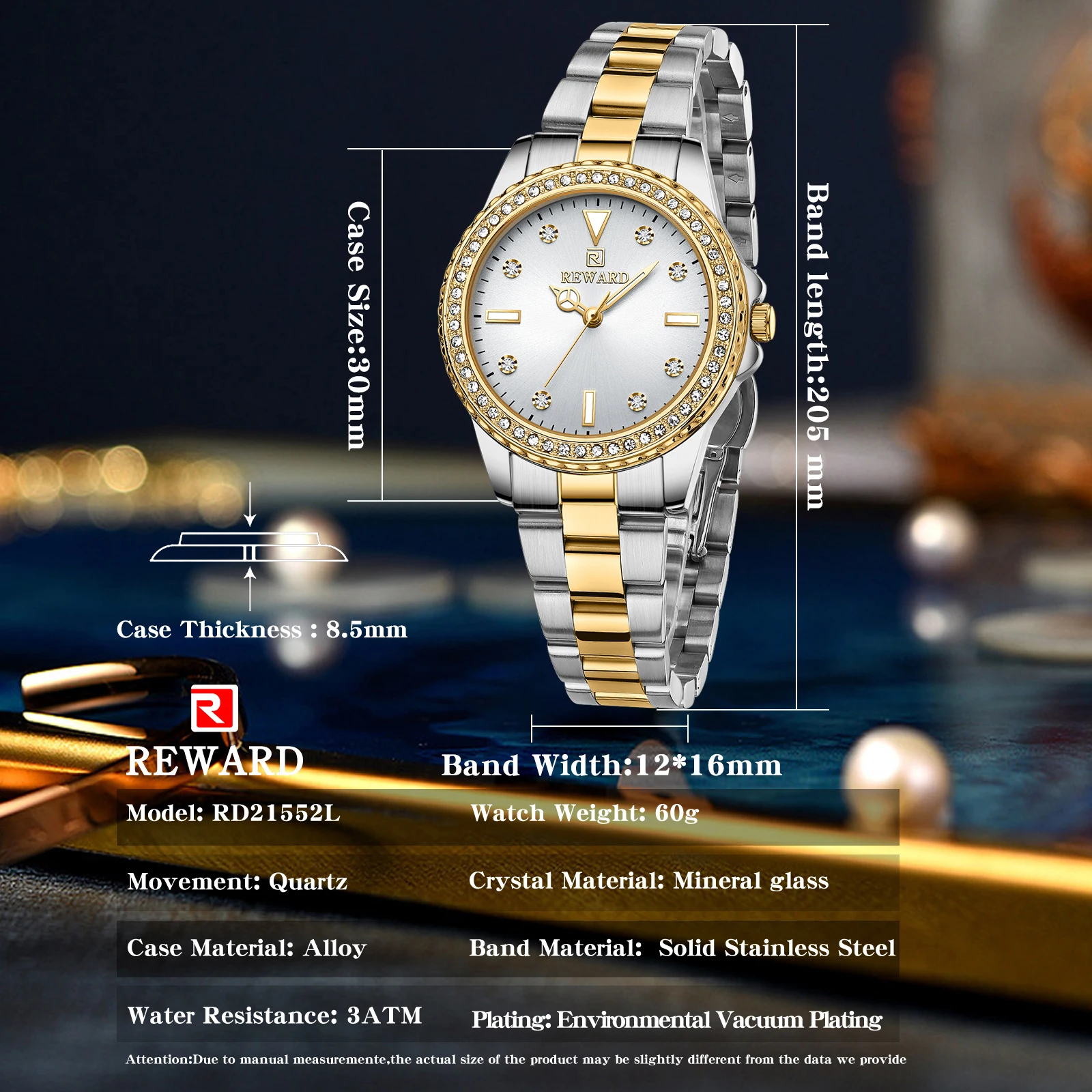 New REWARD Top Brand Luxury Watch for Women Japan Movement Stainless Steel Dress Wristwatch Waterproof Luminous Quartz Watches