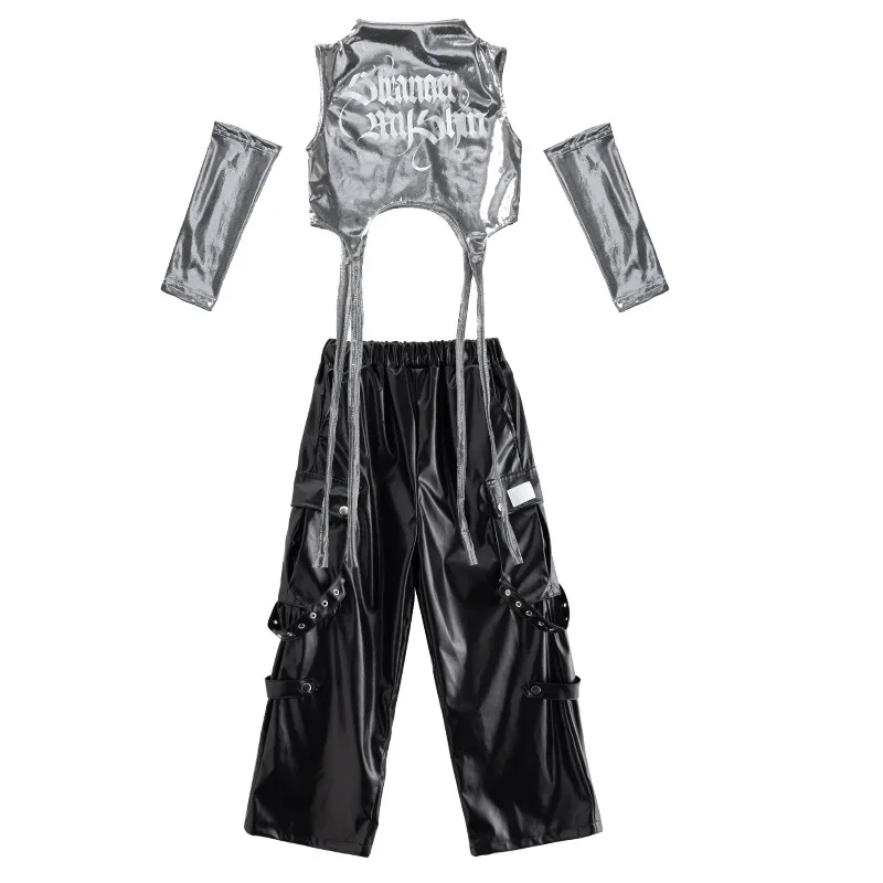 Set Hip Hop per ragazze K-pop Nastro argento Crop Top Pantaloni in pelle da ballo di strada Bambini Streetwear Costume da jazz per bambini Vestiti di gruppo per ragazze