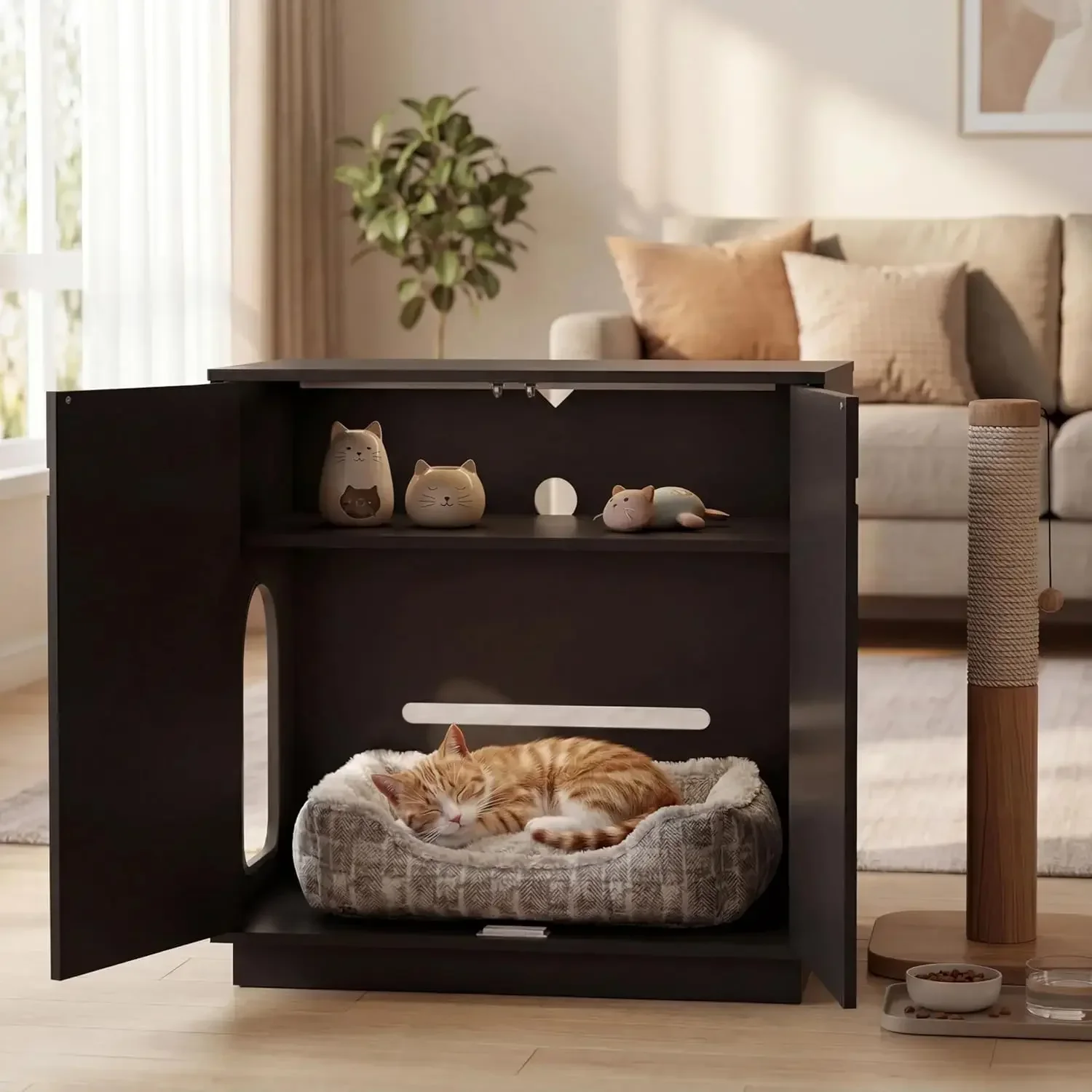 Cat Litter Box Enclosure,Wooden Hidden Enclosure Litter Tray with Odor Control with Barn Door,Pet House,Hidden Litter Box Furnit