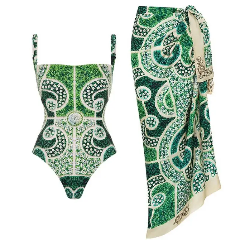 Flaxmaker 2024 Garden Printed One Piece Swimsuit and Sarong Women Summer Sexy Swimwear Sets Holiday Beachwear