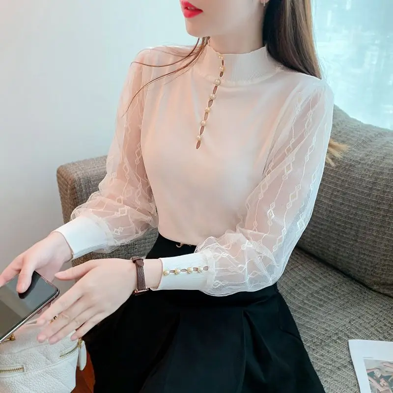 

Autumn and Winter Half High Collar Long Sleeve Lace Bottom Shirt for Women in Fitted Knit Tops New Mesh Striped Clothes Shirt