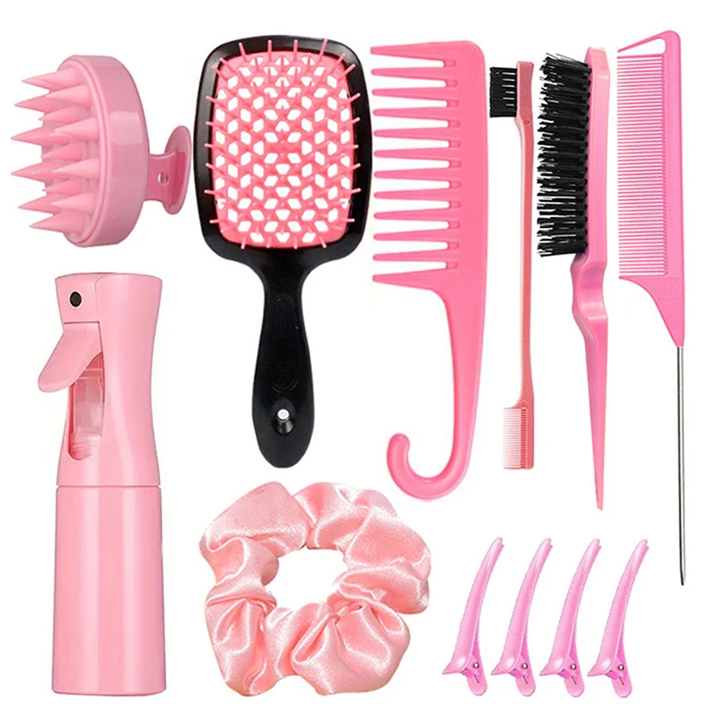 12 قطعة مجموعة مشط تصفيف الشعر مع زجاجة رذاذ مكافحة ساكنة وفك تشابك أمشاط الحافة وذيل الجرذ فرشاة تدليك فروة الرأس