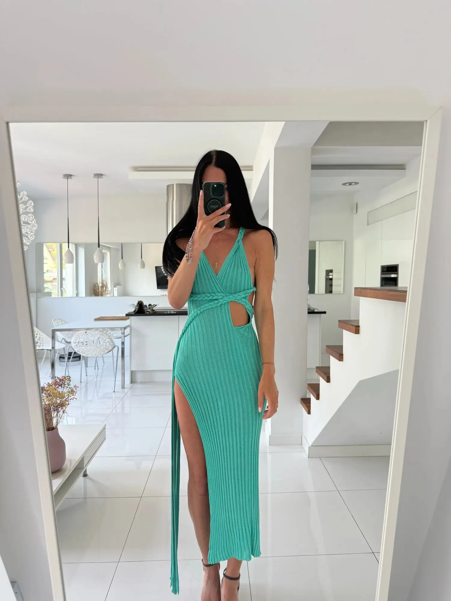 

Melphieer Elegant beach knit long dress with a slit on the side,Super feminine cut dress Dress with straps V-neckline open back