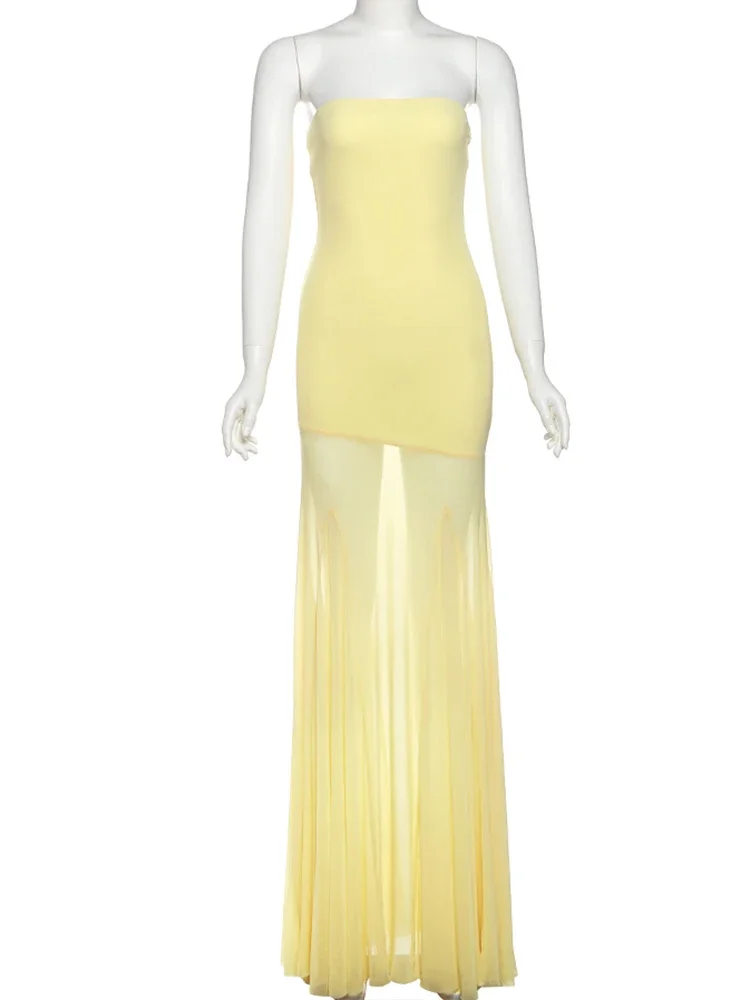 

Patchwork See Through Dress Women Elegant Solid Pleated Strapless Sleeveless Backless Slim Banquet Party Vestidos