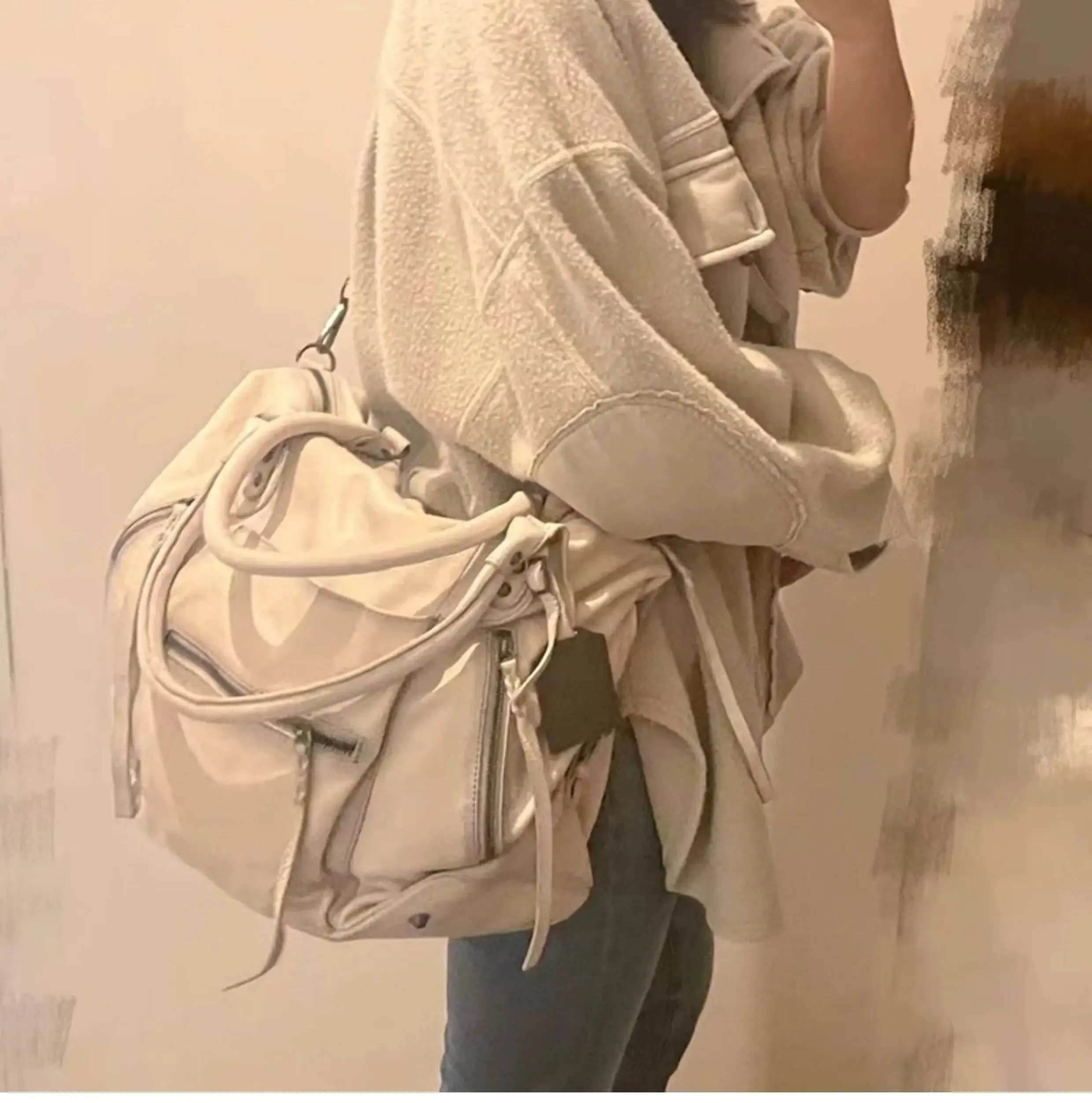 Bloom Hot Girls White Tote Women Vintage Leather Soft Large Capacity Handbag Messenger Bag Female Y2k Grunge Shoulder Bags