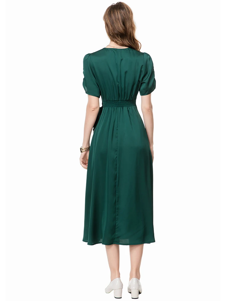 DLDENGHAN Vintage jurk met veters voor dames V-hals met korte mouwen Effen kleur Feestjurken Mode Zomer Dames