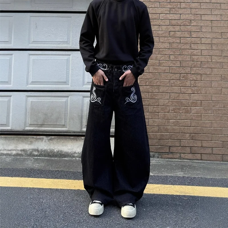 กางเกงยีนส์คาร์โก้ทรงหลวมแบบยูนิเซ็กซ์ ปักลายคลื่น สินค้าใหม่ปี 2025 กางเกงขายาวทรงกว้างสไตล์อเมริกันลำลอง ฮิปฮอป ยีนส์เดนิม กางเกงทำงาน