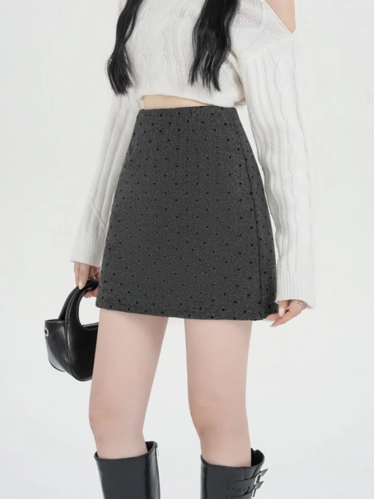Zwart Hart Polka Dot Wol Kokerrok Dames Herfst Winter Hoge Taille Casual Slanke Koreaanse Korte Rokken Vrouw
