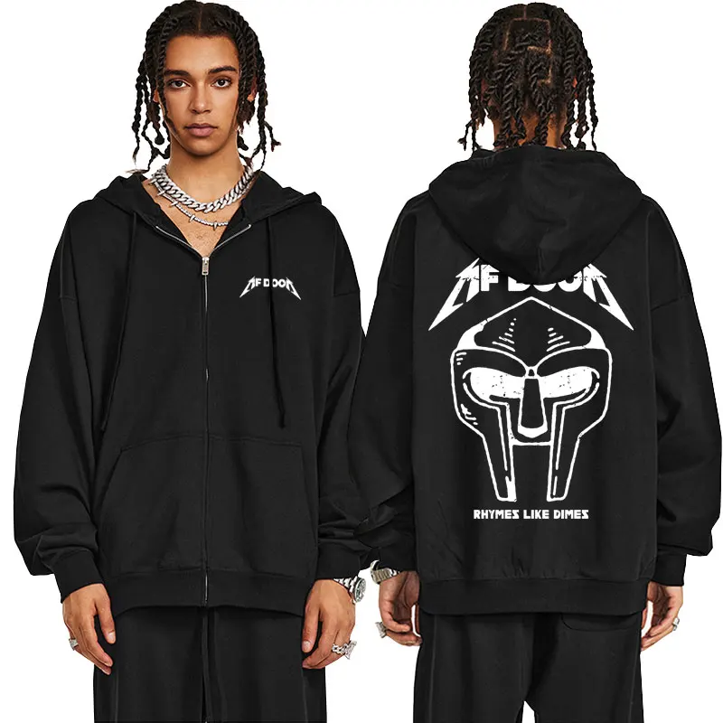 Raper Mf Doom Doomsday Rhymes Like Dimes Zipper Hoodie Men Women Hip Hop Oversized Zip Up Sweatshirt Rock Gothic Zip Up Jacket