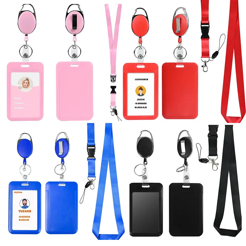 1pcs Simplicity Black Color Card Cover Case Retractable Badge Reel Clip Fashion Men Worker ID Card Holder with Lanyard