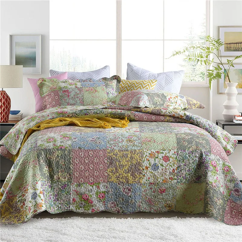 Vintage Cotton Quilt Set 3PCS Patchwork Quilted Bedspread on the Bed Floral Summer Double Blanket Home Coverlet Bed Cover Colcha