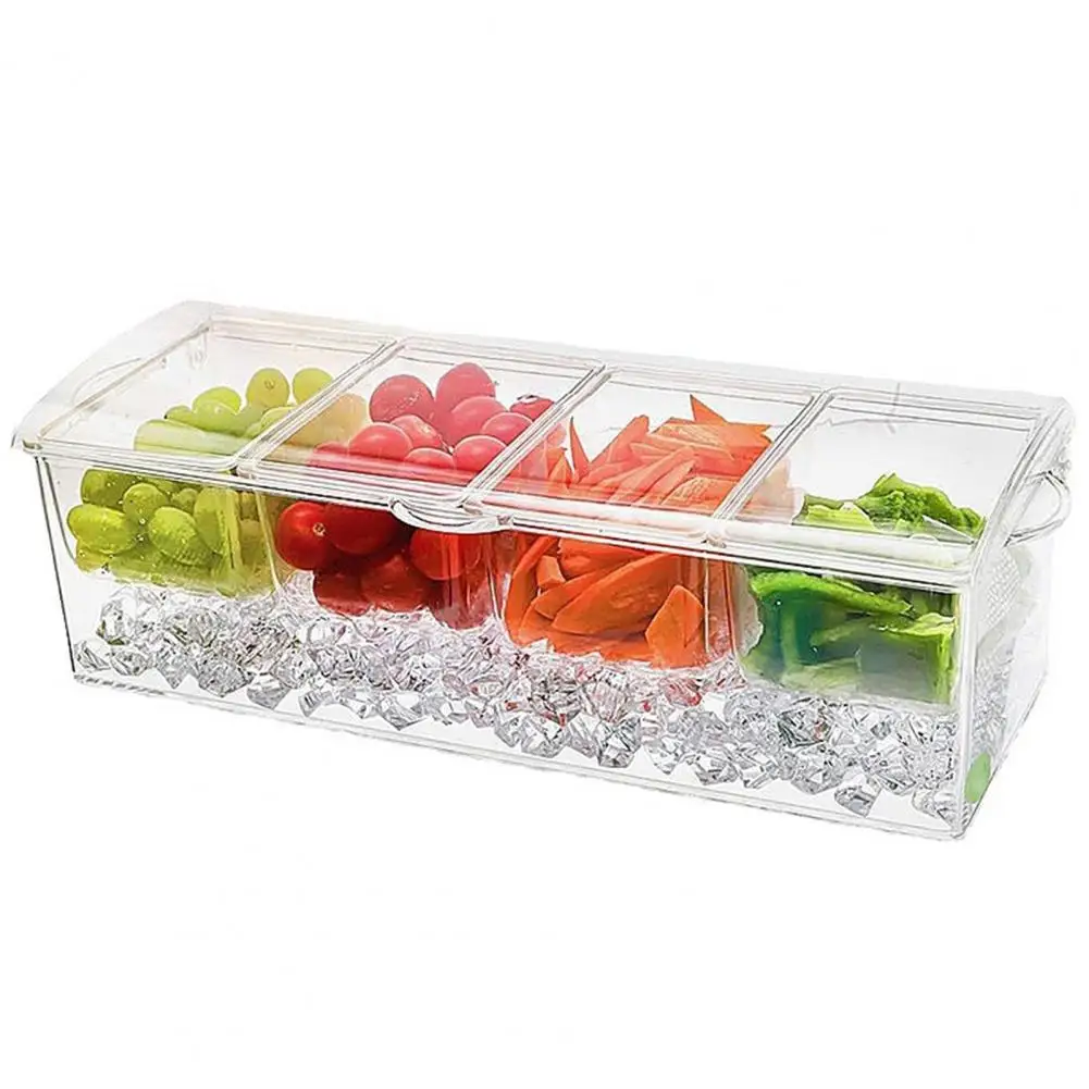 

Fridge Fruit Box Transparent Detachable 4 Compartments Salad Fruit Preservation Container Picnic Spice Case Ice Chilled Caddy