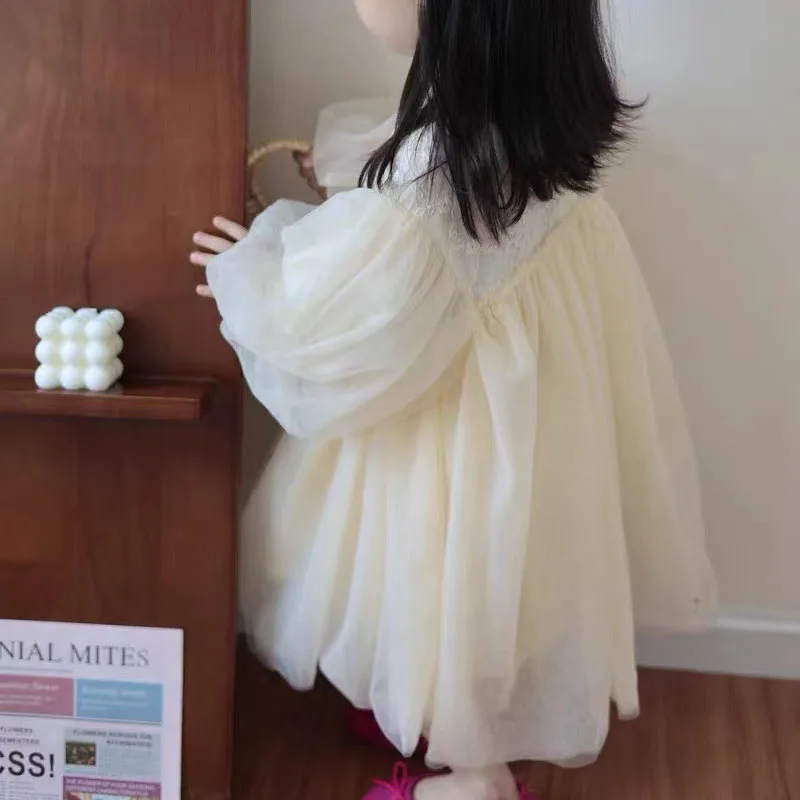 Girls' Dress Korean Version Baby Kids Bubble Sleeve Gauze Princess Dress 2024 Spring And Summer Clothes New Children's Clothing