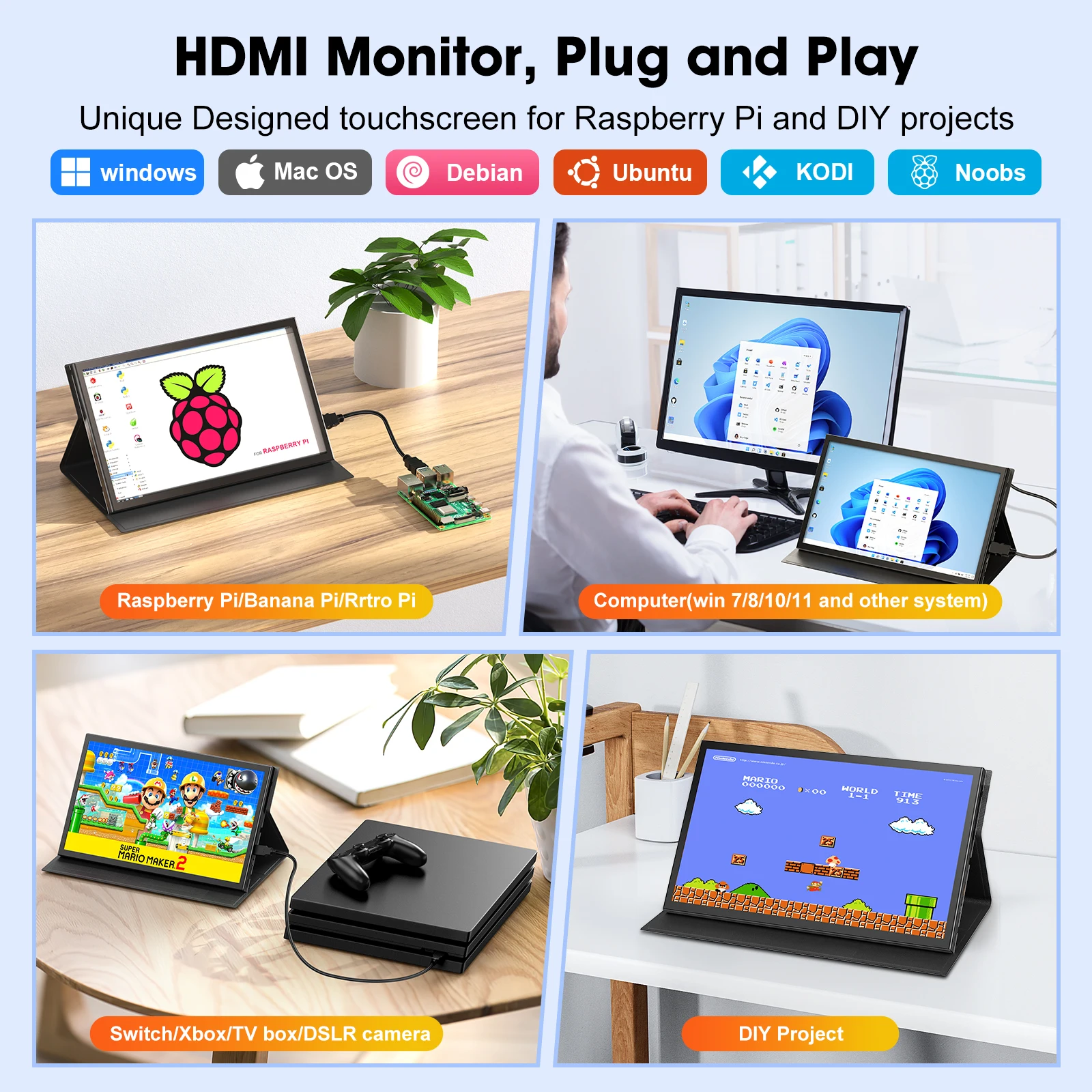 Imagem -05 - Miktver-mini Hdmi Monitor Ips Portátil 10.1 1024x600p Touchscreen Capacitivo Raspberry pi 4b 3b Mais 3a Mais Laptop segundo Display