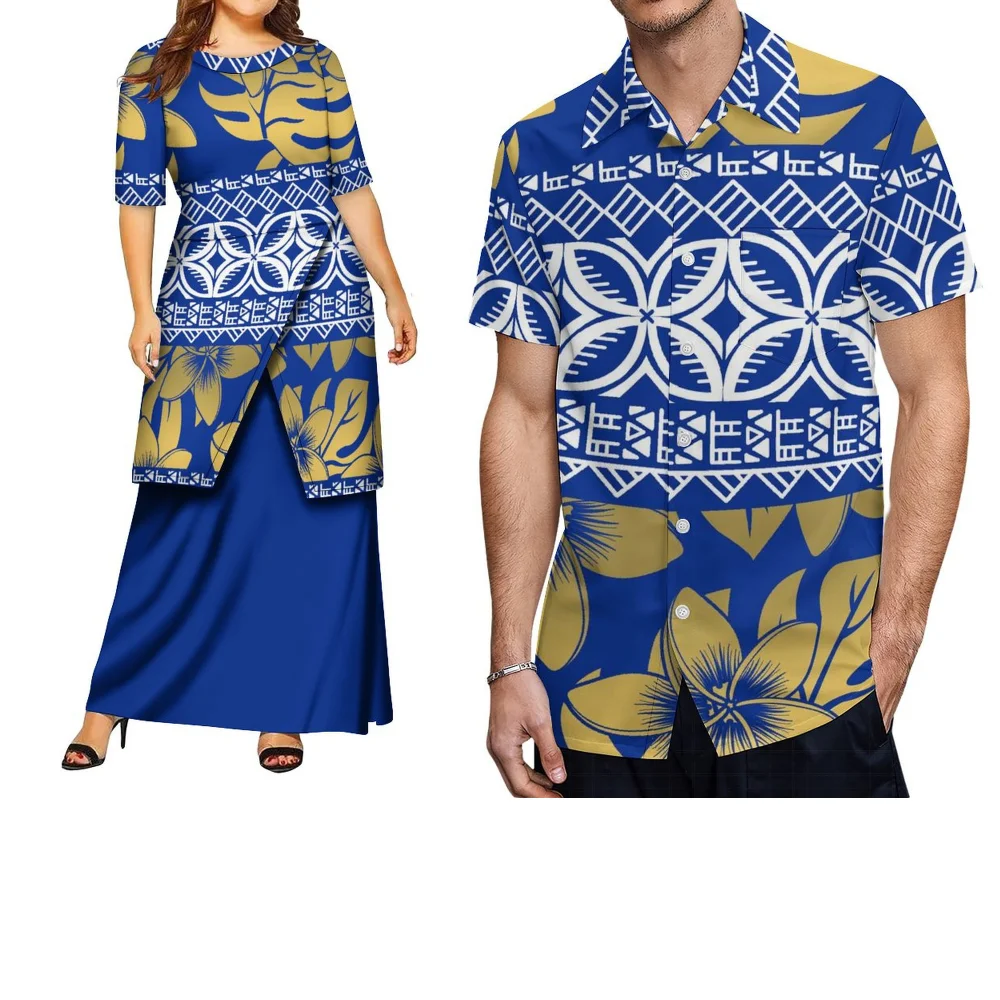 Couple Travel Party Outfits Polynesian Printed Custom-Made Pletasi Loose Long Dress For Women And Casual Shirt Tops For Men