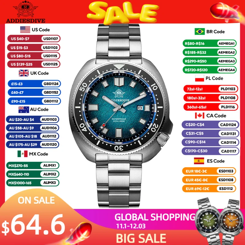 ADDIESDIVE Japan2115 New Men Watch Sapphire Glass BWG9 Ultra-Bright Luminous 200m Waterproof Wristwatch Luxury Quartz Watches