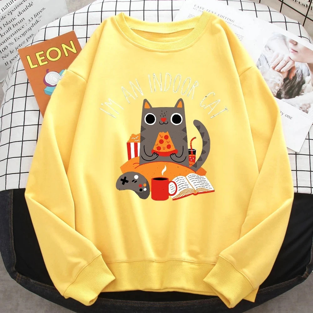 เสื้อสเวตเตอร์ผู้หญิงลายแมวทานพิซซ่า พิมพ์ลายฮู้ดดี้ สวมใส่สบาย ทรงหลวม คอกลม แขนยาว