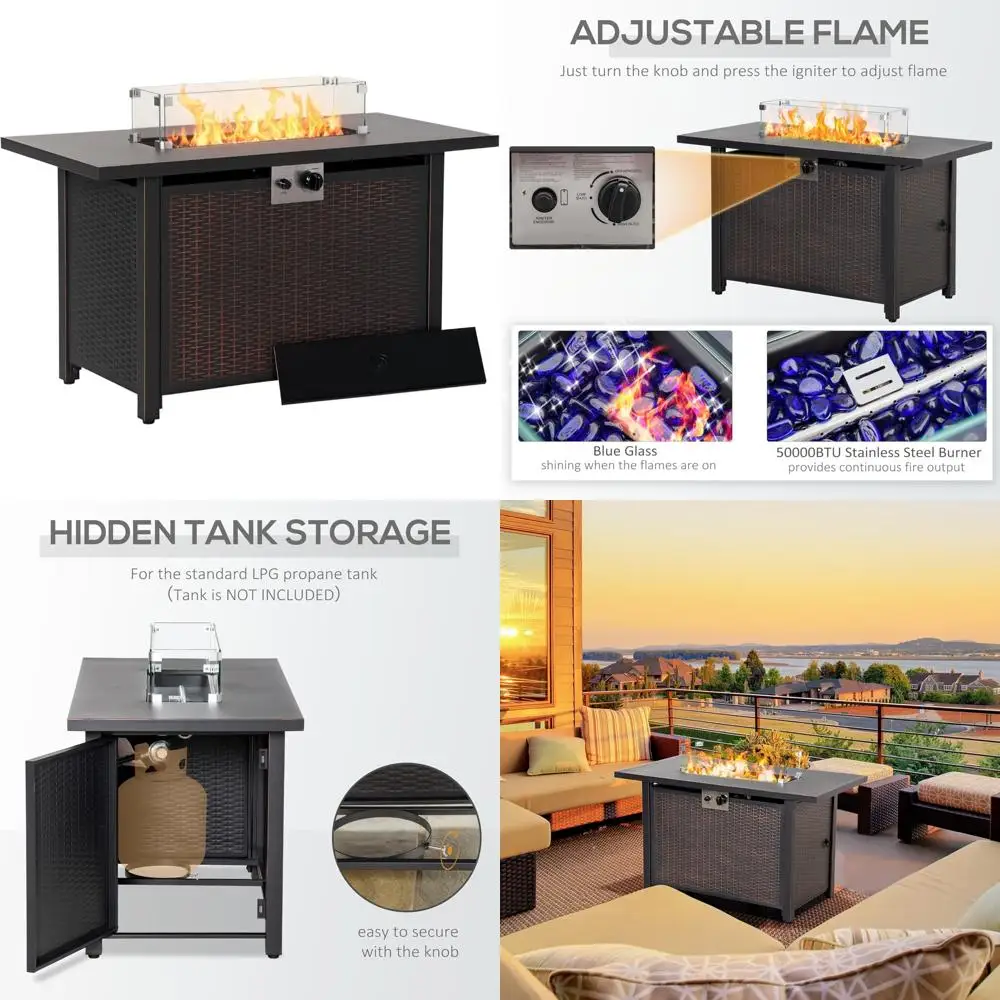 

Rectangular Outdoor Propane Gas Fire Pit Table with 50,000 BTU Auto-Ignition and Wicker-Style Design, featuring Glass Wind Guard