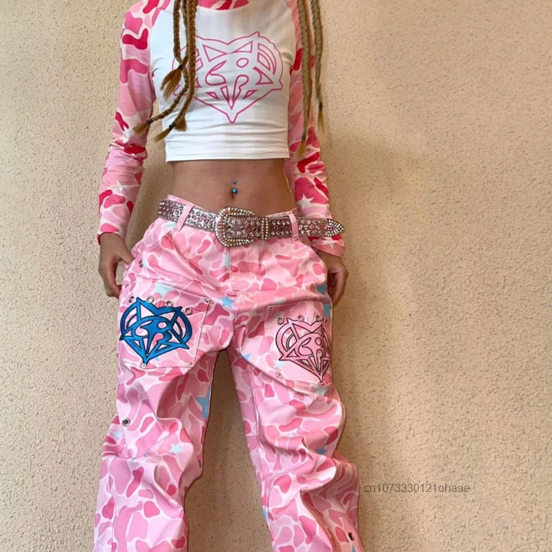 Kobieta Nowy Różowy Kamuflaż Haft Proste Dżinsy Tube Koreańska Wersja Niszowy Design Sense Y2k Spicy Girls Hip Hop Style Pants