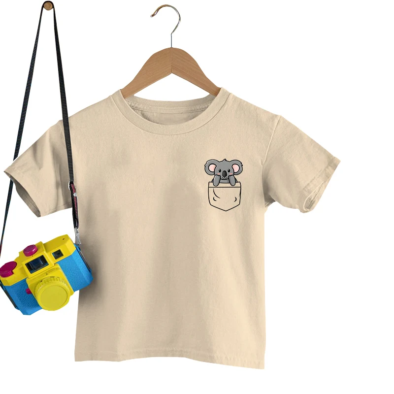 Koala Pocket Print Summer Casual T-shirts For Kids Children Boys Girls Creative O Neck Short-sleeved T-shirts Fashion Tee Shirts