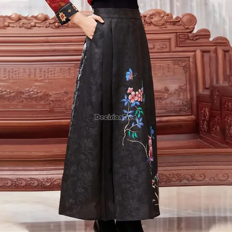 2023 Tang Pak Klassieke Rok Chinese Retro Stijl Garen Bedrukt Lange Rok Voor Vrouwen Losse Stijl Hoge Taille Lange Rok G522