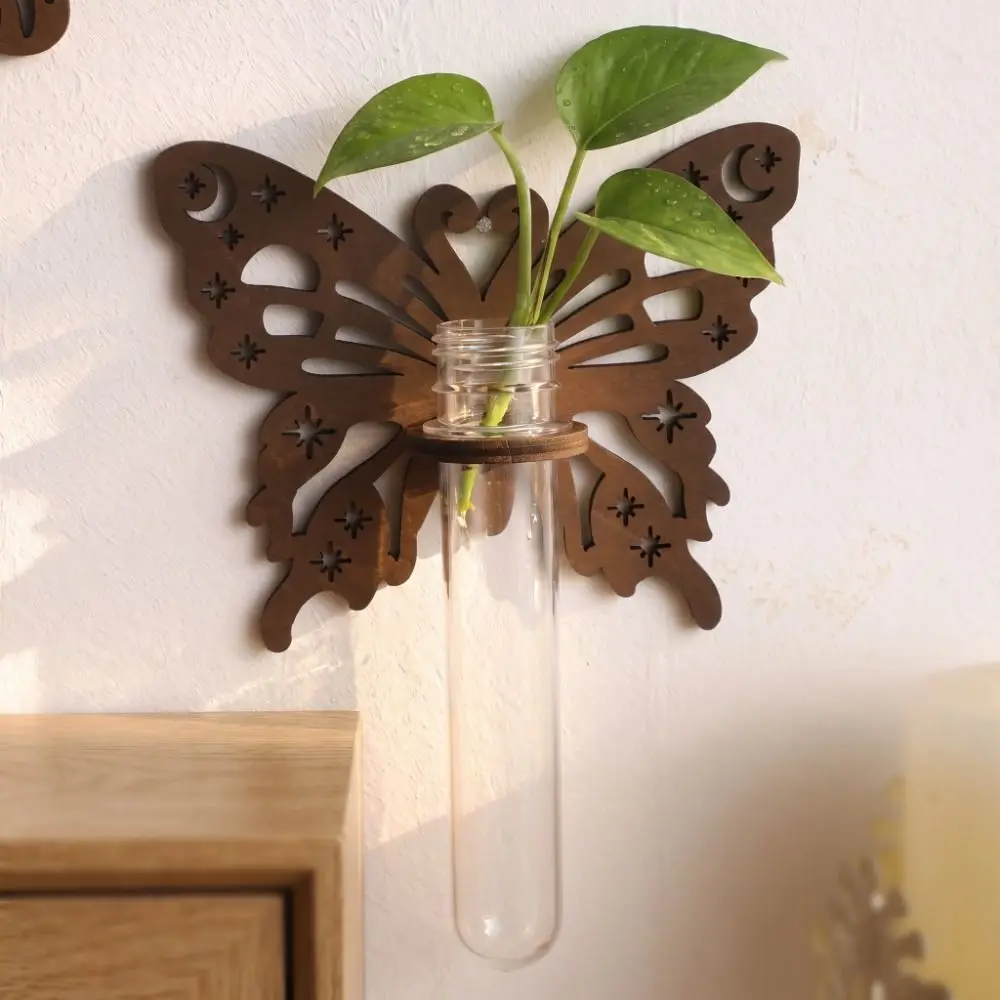 Wooden Hydroponic Planter Shelf Vase Home Ornaments Wall Mounted Planter Hollow Out Butterfly-Shaped Wall Decoration