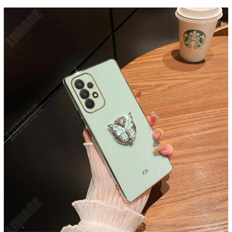 Butterfly Ring Phone Holder Plating Case for Samsung Galaxy A53 A52 A52S A73 A33 A72 A32 4G 5G A51 A71 A12 A22 M32 Stand Cover