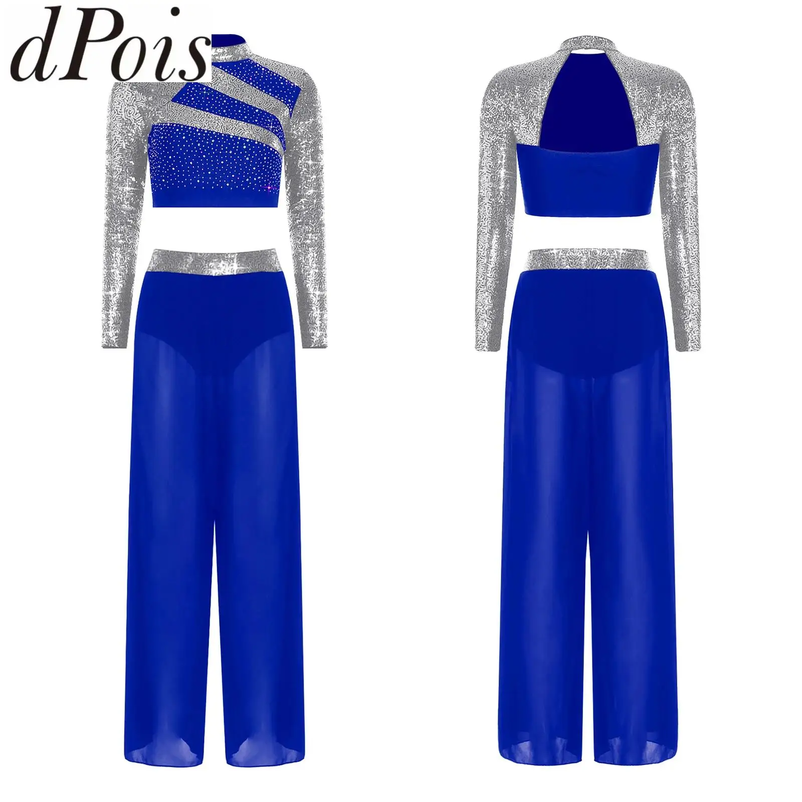 女性用リリカルダンス、バレエ、ジャズ、ラテンダンスコスチュームセット、長袖スパンコールクロップトップとシアーメッシュサイドスリットダンスパンツの衣装