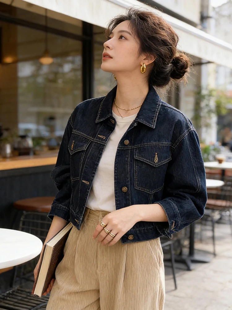 

Retro Stylish Short Denim Jacket Women's Spring Autumn Loose Versatile Slimming Outerwear Jacket Small Size Top