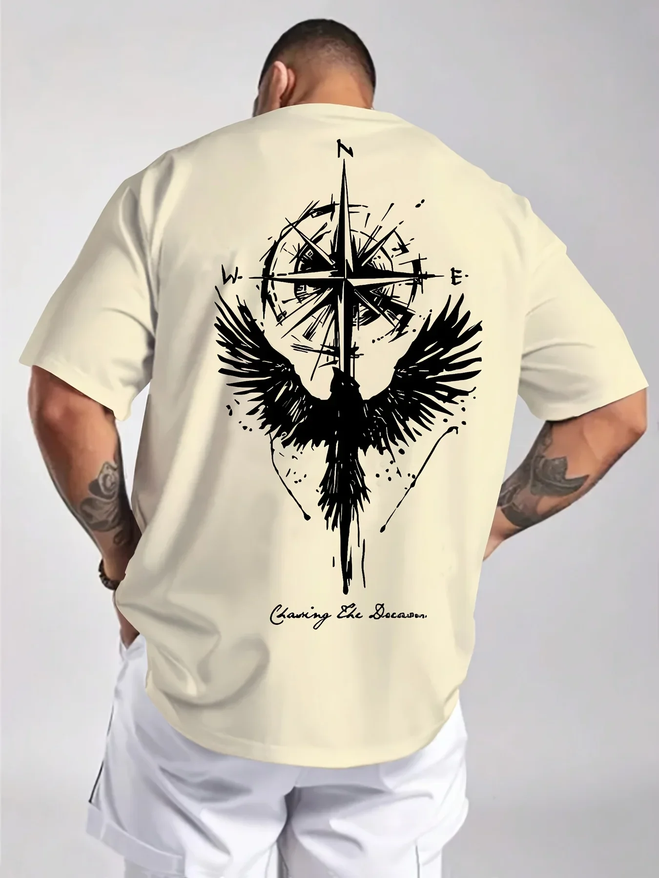 Men's T-shirt, 100% cotton, phoenix and compass print, simple, casual, comfortable, versatile, loose fit.