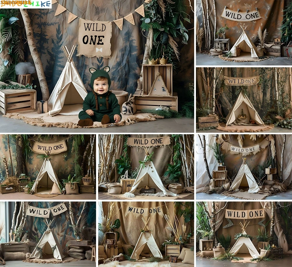 سفاري وايلد وان وودلاند الاطفال 1st حفلة عيد ميلاد خلفيات للتصوير الفوتوغرافي خرافة خيمة داخلية استوديو الصور خلفية XC-01 #1