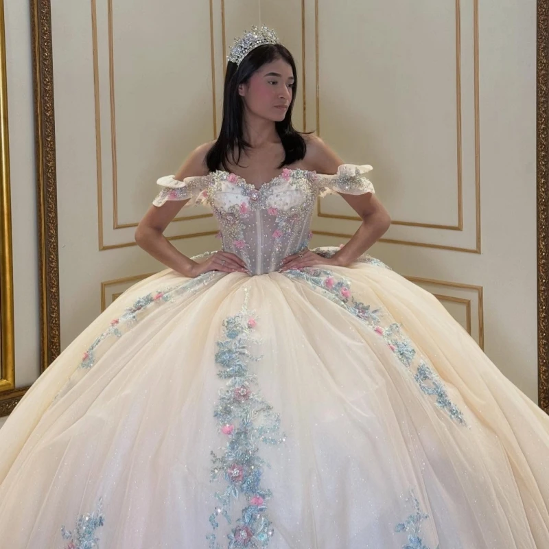 Luz champanhe brilhante quinceanera vestidos fora do ombro lantejoulas apliques flor miçangas tull espartilho festa de aniversário doce 16