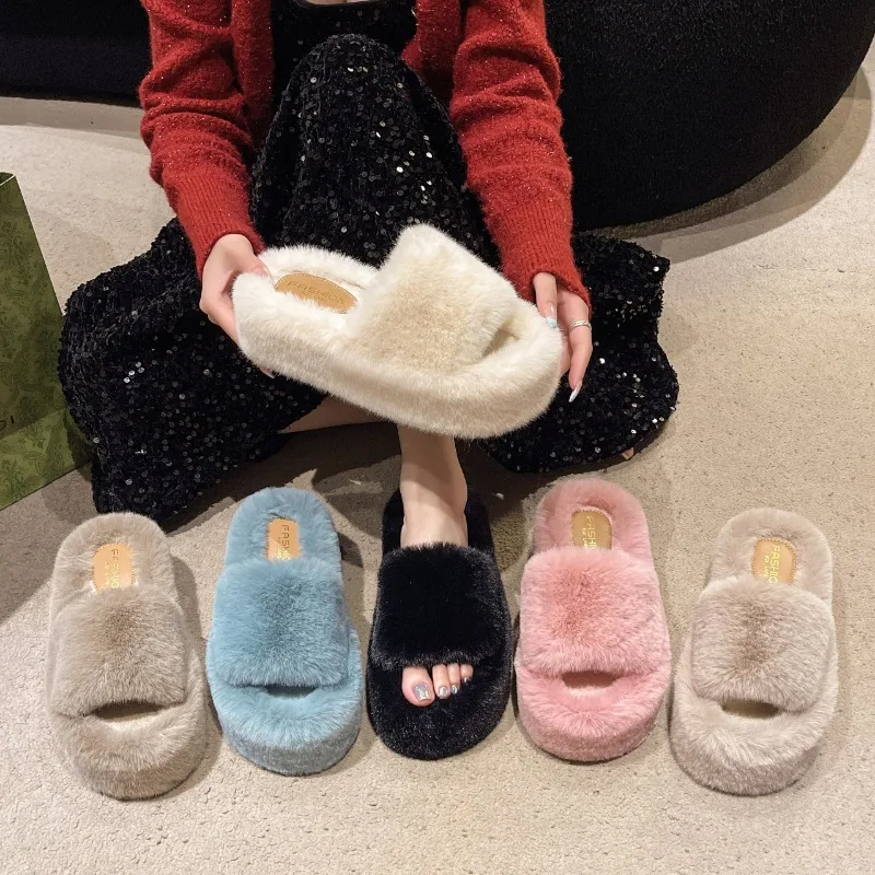 

2025 NEW Women's Thick Bottom Fur Slippers Indoor Outdoor Fashionable Versatile Autumn Winter Rubber Upper Slippers