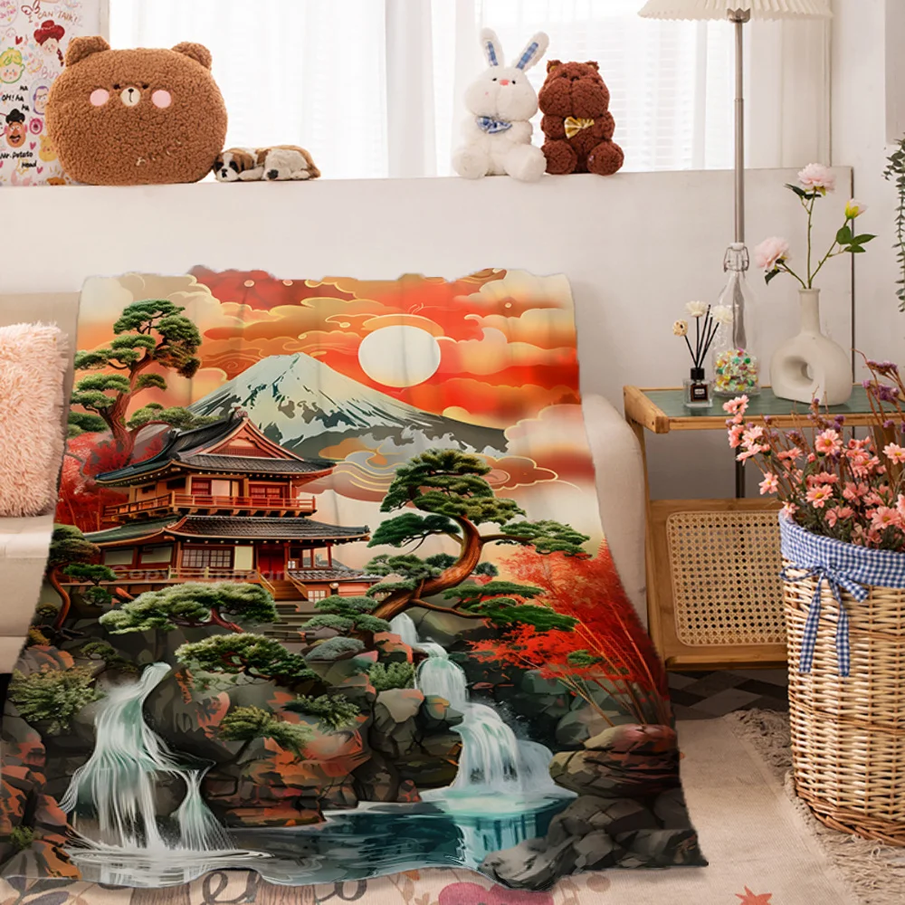 1pc Contemporary Japanese Scenery Flannel Blanket with Mount Fuji Print, All-Season Knitted Polyester Throw for Living Room, Bed