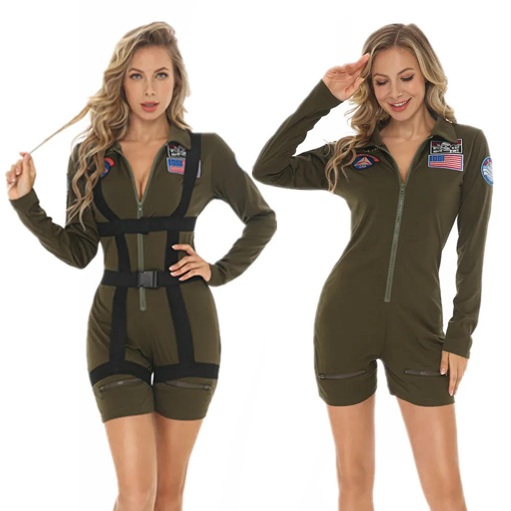 Movie Top Gun American Airforce Uniform Military Pilot Costume Lady Sexy Flight Jumpsuit Suits Adult Carnival Party Outfits