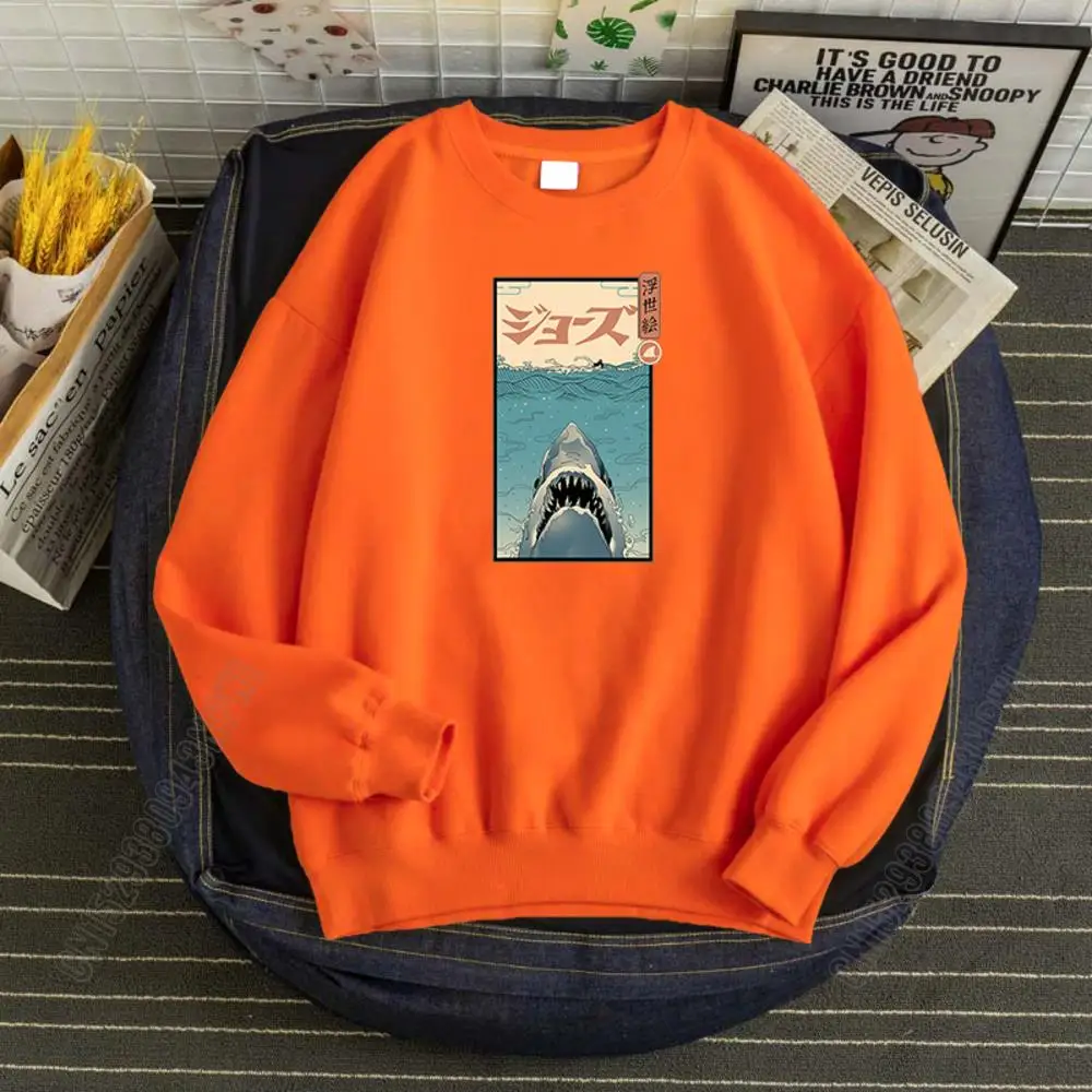 Shark In The Sea With Japanese Ukiyo E Sweatshirt Street Fashion Pullovers Korean Autumn Sweatshirts Vintage Men Clothing