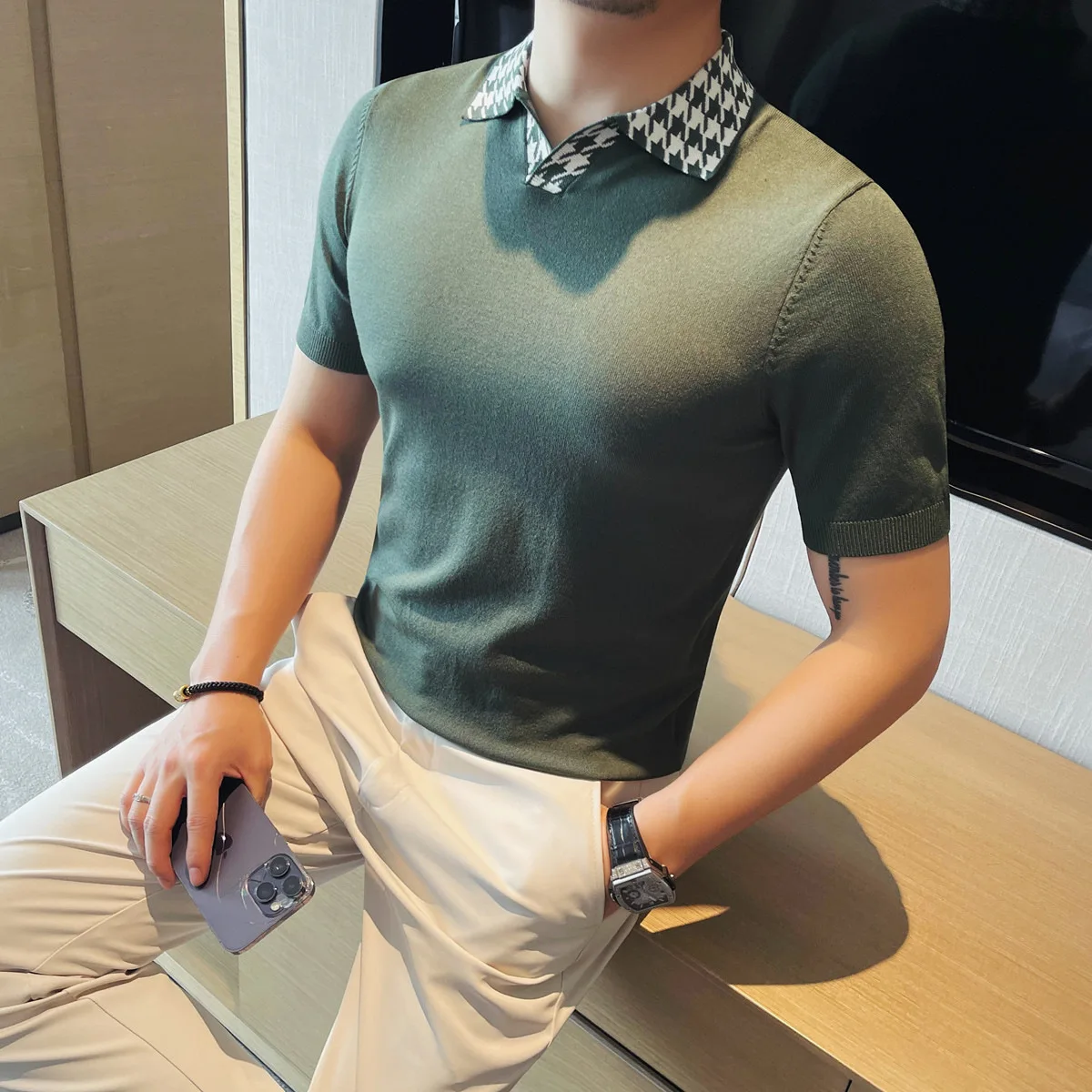 Cross border collar color blocked polo shirt for men, slim fit, short sleeved, elastic knitted ice silk t-shirt trendy