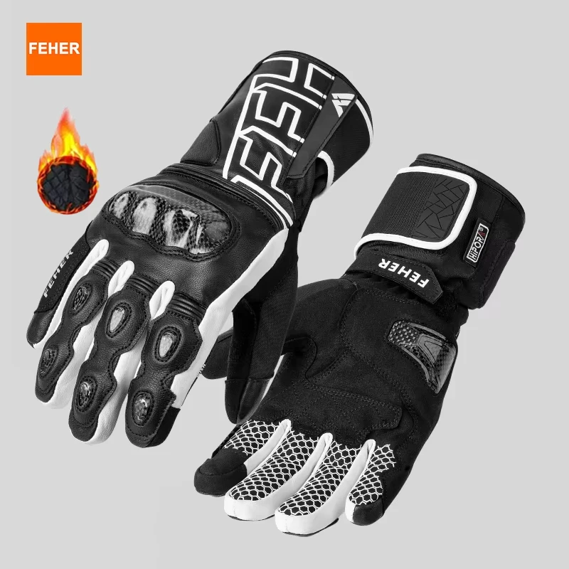 FEHER Motorhandschoenen Herfst en winter Dermal leer Warm houden Winddicht Waterdicht Vingergewricht Koolstofvezel Designhandschoenen
