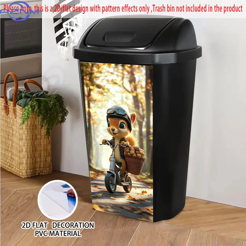 1pc 2D Flat Squirrel on Bicycle Pattern Self-Adhesive Dustbin Stickers, PVC Trash Can Decorative Stickers, Wheelie Bin Sticker
