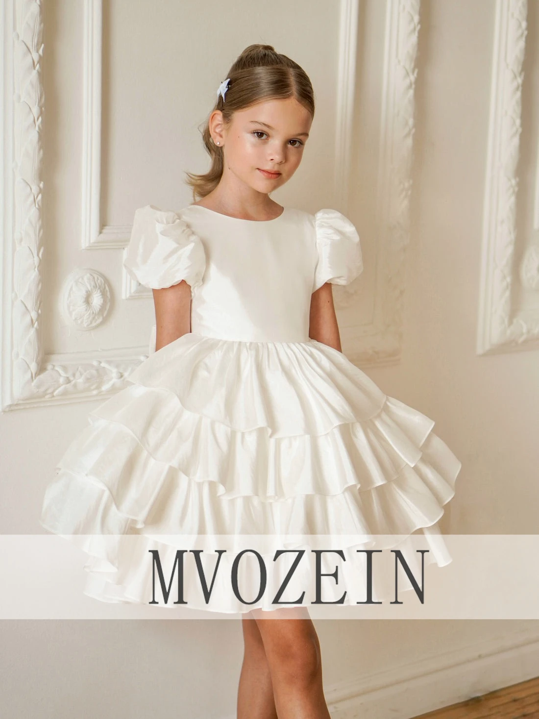 Baby Girl Dresses White Satin Puff Sleeve Tiered Ruffle Flower Girl Dress First Communion Dress for Wedding Birthday Party