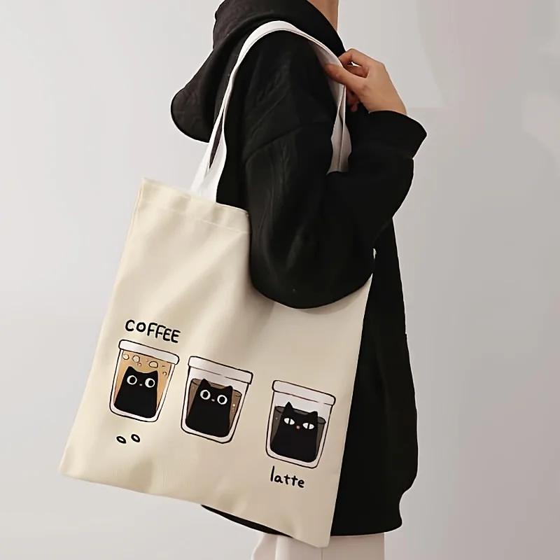 Cartoon coffee cup and kitten pattern printed casual tote bag，Shoulder shopping bag，Reusable fashion backpack multifunctional ha
