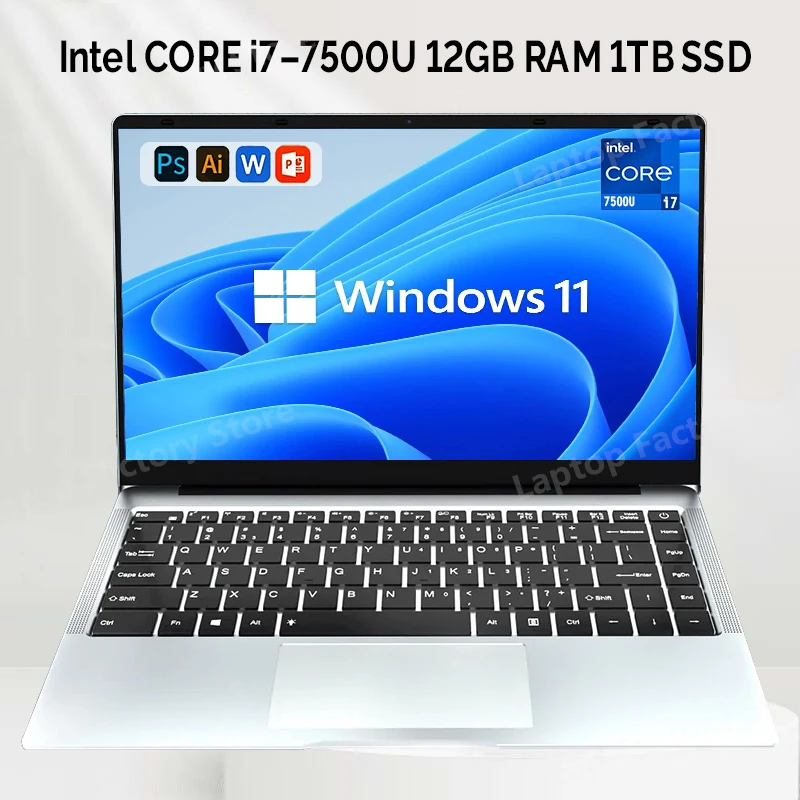 

14,1-дюймовый ноутбук с Windows 11, Intel Core i7-7500U, 12 ГБ ОЗУ, 1 ТБ, 2 ТБ SSD, ноутбук, разрешение 1920*1080, офисный учебный ПК, компьютер