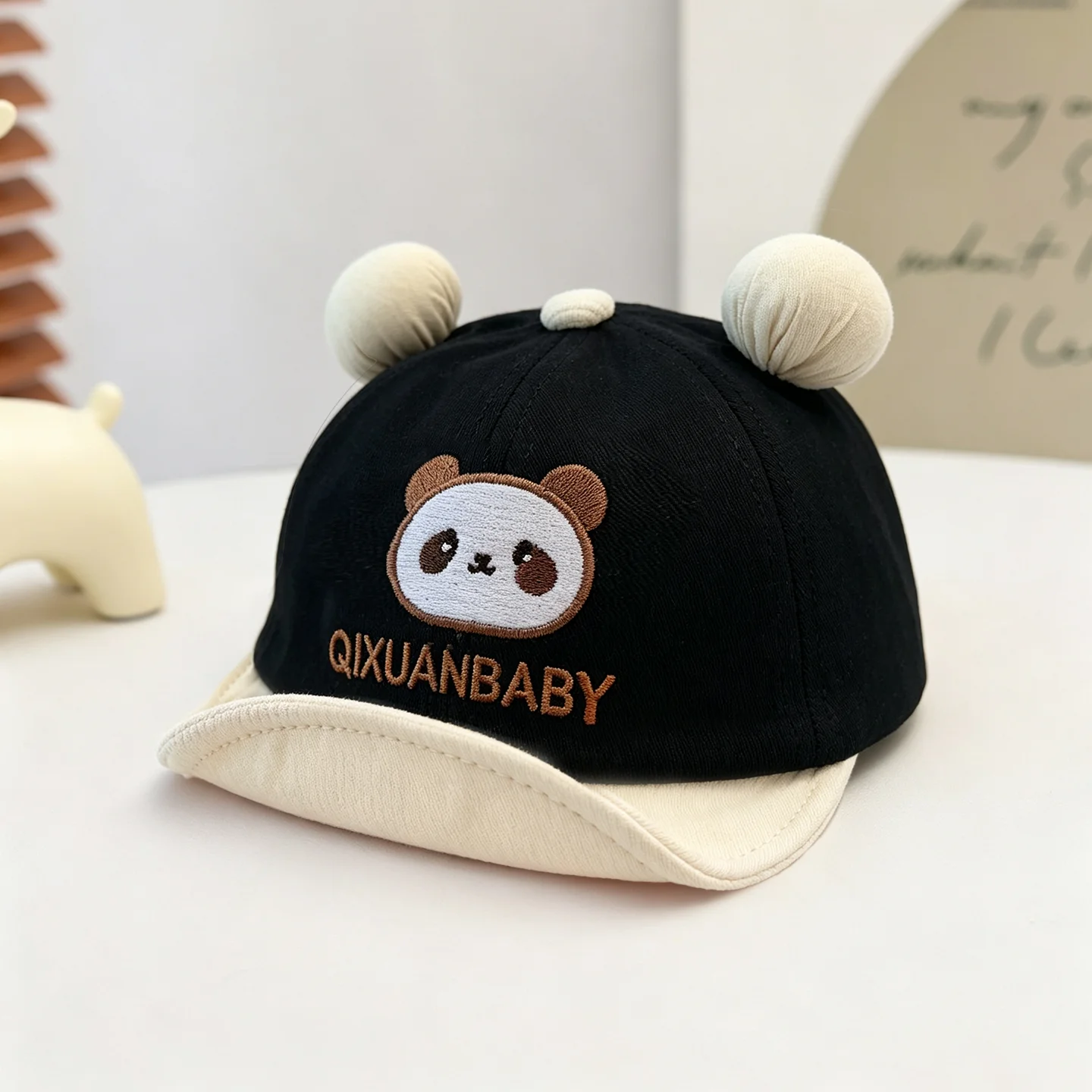 

Children's double-round ball ears panda embroidery soft brim baseball cap, Korean retro style, suitable for daily school use