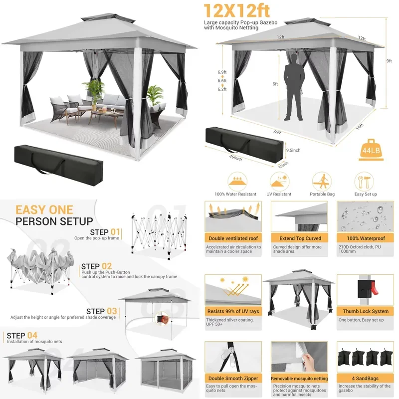 12x12ft Pop Up Gazebo Canopy Tent Waterproof Portable Pavilion With Sidewalls Mosquito Net For Garden Patio Outdoor Shelter