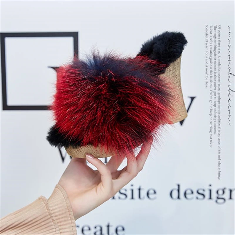 Fashion Red Fox Fur Women Platform Pumps Thick Sole Wedge Slippers Winter Warm Plush Mules 11CM High Heels Peep Toe Slides